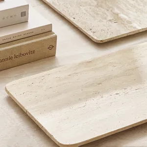 Stonekocc personalizado Vintage Beige travertino piedra Natural mármol bandeja para servir rectángulo Catchall plato estilo Wabi-sabi