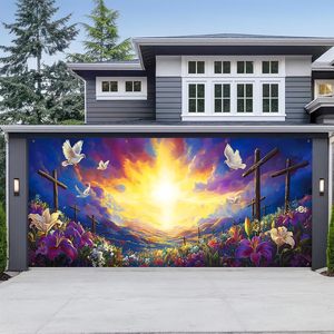 ป้ายตกแต่งประตูโรงรถธีมอีสเตอร์ ลายพระอาทิตย์ขึ้น นกพิราบ และกางเขนดอกไม้ ผ้าคลุมประตูโรงรถขนาดใหญ่ ของตกแต่งธีมฤดูใบไม้ผลิสำหรับกลางแจ้ง - Product Image 5