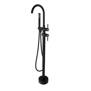 Sang trọng Brass xoay Spout freestanding bồn tắm Lọc vòi thác nước màu đen tiếp xúc với sàn phòng tắm gắn vòi hoa sen đặt Mixer