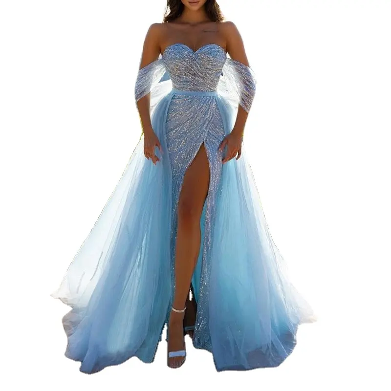 Light Blue Tulle Mermaid Off Shoulder Luxury Evening Dresses For Woman