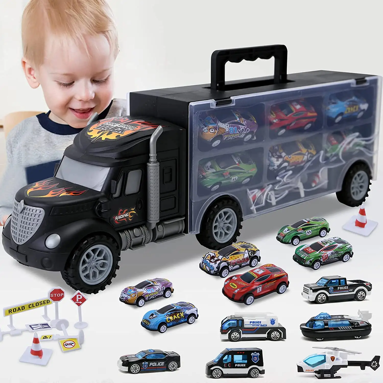 טעינת סגסוגת Transporter רכב צעצוע חליפת מטען משאית גדול מיכל משאית מוסיקה אש הנדסת סט צעצועים לילדים מתנות