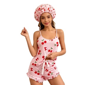 Novo Conjunto de Pijamas Sexy Estilo Europeu e Americano com Estampa de Cereja, Camisola e Chapéu, Conjunto de Três Peças - Product Image 5