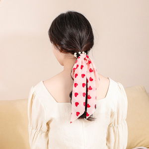 Élastique à cheveux en ruban de soie avec perles, motif floral, accessoire pour queue de cheval, pour femme, décontracté, été 2024 - Product Image 2