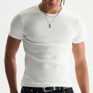 T-shirt da uomo slim fit a costine, girocollo, manica corta, in cotone 220g, bianco tinta unita, modello aderente, produzione all'ingrosso ODM OEM - Product Image 3