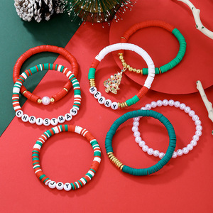 Christmas <b>Bracelet</b> Set Red Green Polymer Clay <b>Beaded</b> Jewelry Gift for Women <b>Men</b> Holiday Party Wristwear - Product Image 2