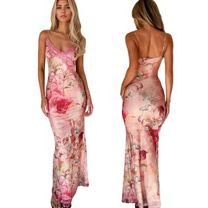 Vestido Largo Casual de Verano/Primavera con Cuello en V, Hombros Descubiertos, Estampado Floral, Bloques de Color, Inserto de Encaje, Cintura Natural y Estampado Digital, Corte Ajustado - Product Image 1