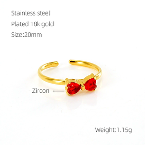 Colorful Heart Cubic Zirconia Open <strong>Ring</strong> Adjustable Gold Plated Stainless Steel <strong>Bow</strong> <strong>Ring</strong> for Women - Product Image 6