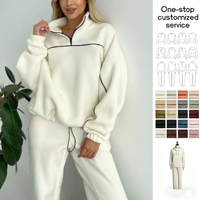 Ensemble de survêtement décontracté 2 pièces en polaire blanche pour femme avec logo personnalisé, haut demi-zip et pantalon de jogging, OEM ODM Vente en gros