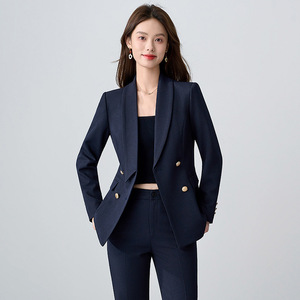 Women's Navy Blue Business Suit Set Double Breasted Wool Blend Anti-Wrinkle Office Lady Autumn Formal Wear - Product Image 2