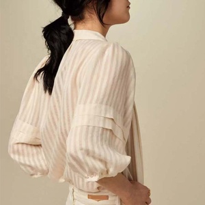 Camicetta Elegante da <span class=keywords><strong>Donna</strong></span> <span class=keywords><strong>Beige</strong></span> a Righe con Scollo a V, Maniche a 3/4 a Sbuffo, Camicia Casual da Ufficio per Primavera Estate - Product Image 3