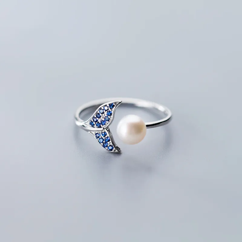 925 स्टर्लिंग चांदी नीले जिक्रोन व्हेल पूंछ आकार की अंगूठी समायोज्य खुले ताजा पानी मोती महिलाओं के लिए अंगुली उंगली के छल्ले गहने
