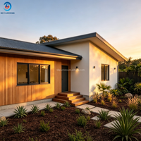 Villa de luxe préfabriquée en acier léger en forme de L, style maison de plage côtière australienne, 3 chambres, 2 salles de bain, plain-pied, modulaire, vue sur l'océan, clé en main