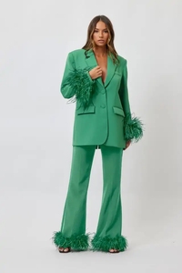 Office Lady Seide Satin Feder anzug Trendy Business Hosen Set Outfits Blazer Plain Dyed Custom Frauen Anzug Blazer Zwei 2-teiliges Set - Product Image 2