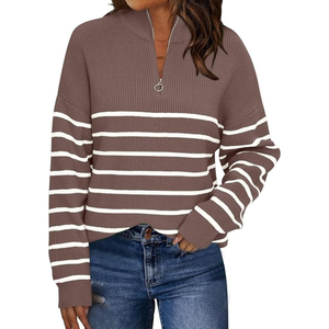 Pull à col en V à rayures personnalisé, haut en tricot décontracté pour femmes, pull à enfiler, doux et confortable, automne-hiver - Product Image 1