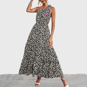 Vestido de Playa de Verano Personalizado de Fábrica, Vestido Largo Informal de un Solo Hombro sin Mangas para Mujer, Vestido de Gasa Tejida con Estampado Floral, Cintura Alta, Corte en A - Product Image 1