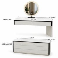 Coiffeuse blanche avec miroir rond éclairé et armoire de rangement latérale, ensemble de maquillage pour chambre à coucher et dressing féminin