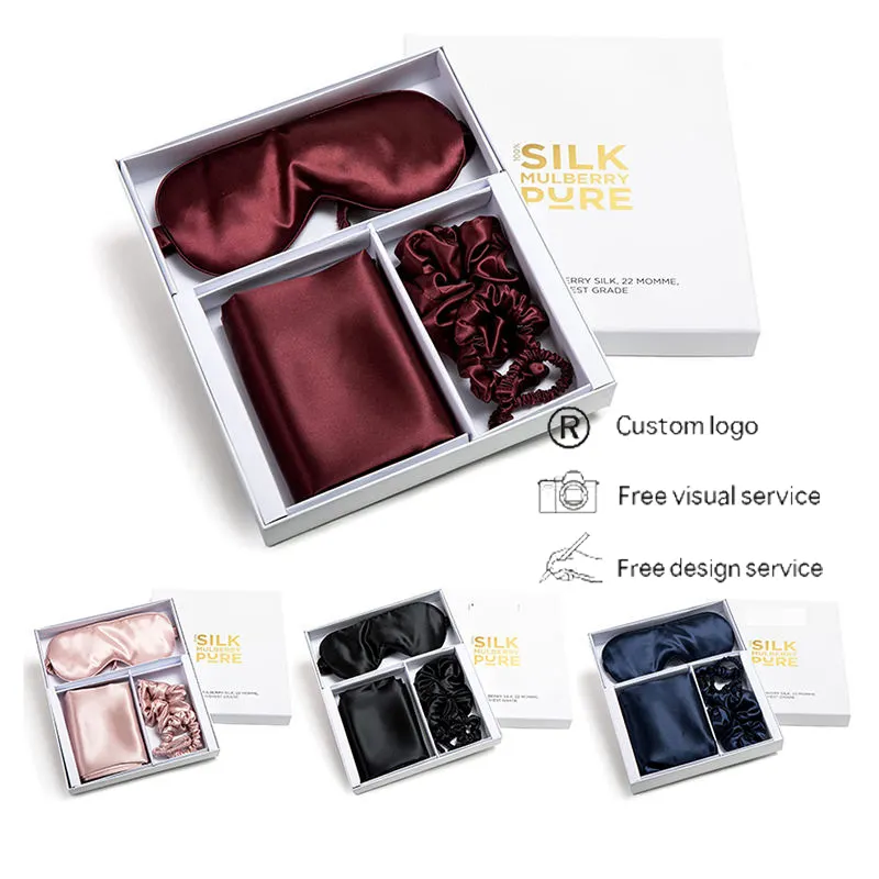 Coffret cadeau de luxe 100% taie d'oreiller mûrier soie masque pour les yeux en soie de couchage et taie d'oreiller en soie ensemble cadeau