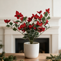 Künstlicher Weihnachtsstern und Stechpalmen-Buschstrauß, rote Seiden-Weihnachtsblumen, Blumenstiele, Weihnachtskranz, Baum- und Heimdekoration für die Feiertage