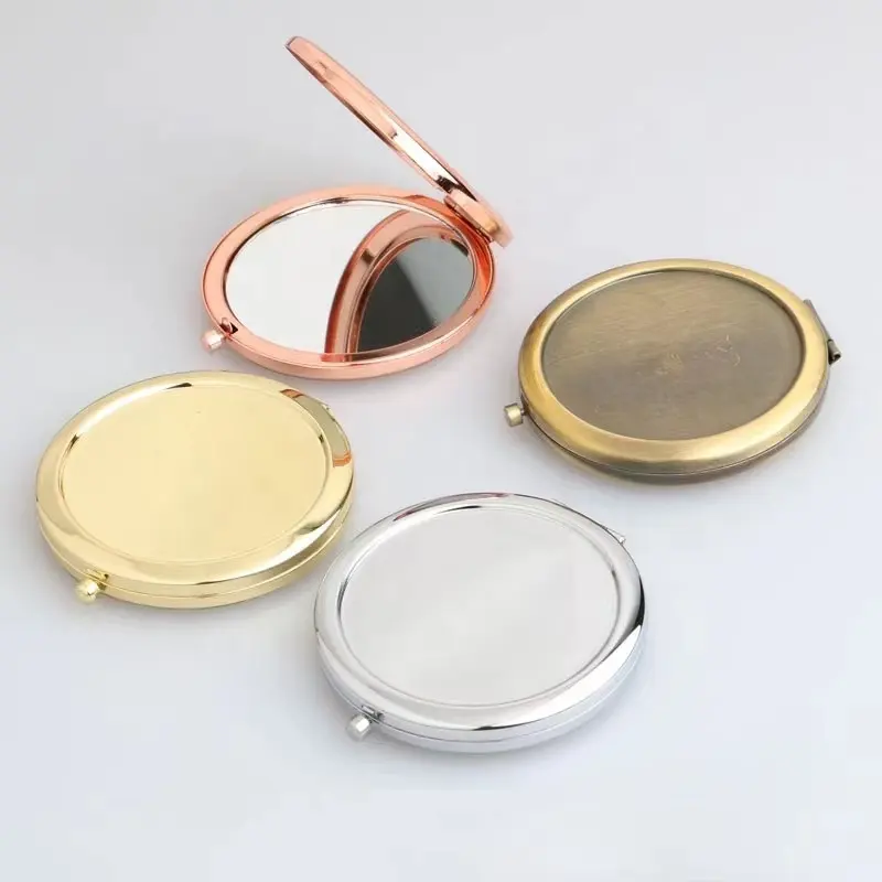 Mini espelho redondo portátil de metal, espelho de mão para maquiagem, espelho ouro rosa