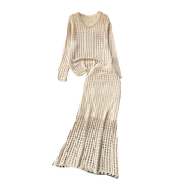 Ensemble tricoté décontracté 2 pièces pour femme, haut à manches longues et jupe à ourlet effiloché, style paresseux ajouré, collection début de printemps