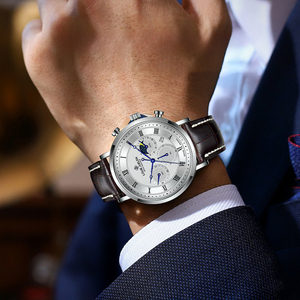 <span class=keywords><strong>Montre</strong></span> à quartz en <span class=keywords><strong>acier</strong></span> inoxydable pour homme avec chronographe, phase de lune et date |   Résistant à l'eau 3BAR |   Bracelet en cuir véritable - Product Image 4