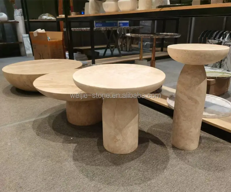 Natural Stone Tea Table Base Travertin single column base pedestal round shape Travertine Coffee table