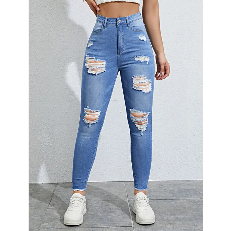 custom denim high waisted distressed skinny jeans Stretch Ripped Colombian pants Women Skinny Jeans