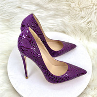 Escarpins Pour Femmes Motif Peau de Serpent Violet, Nouveaux Talons Aiguilles Pointus Grande Taille 12CM/10CM, Chaussures de Fête Tendance