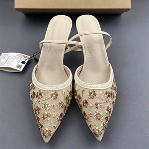 Mules à talons chic et scintillantes avec broderie florale, bout pointu, dos nu, pour femme, respirantes, à brides en maille, escarpins de soirée formels - Product Image 2