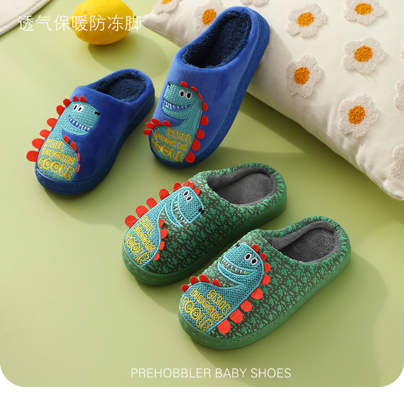 Children Winter Slippers Cotton Plush Shoes Kids Boys Girls Cartoon Dinosaur House Slippers Wholesale