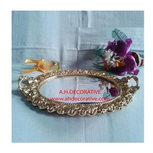 Luxury Handmade Round Shaped Aluminum and Mirror <b>Decorated</b> <b>Tray</b> with Handles Serving for Flowers - Product Image 5