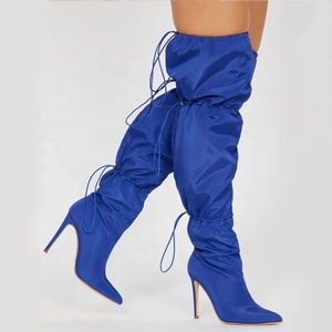 Size 44 Stretch Wide Top Women Silver Over Knee High Boots Stiletto <b>Pointed</b> Toe Elastic Lace up Shoes Thigh High Long Booties - Product Image 6