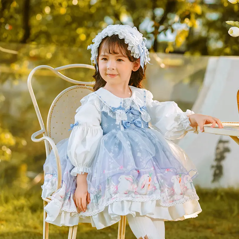 2024 New Fashion Little Child Spring Rabbit Long Sleeve Dresses Kids Puffy Dress Boutique Happy Easter Girls Lolita Dress