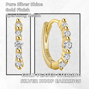 925 <b>Sterling</b> <b>Silver</b> Gold Plated Micro Pave Luxury Multi-Size Zircon Single Row <b>Huggie</b> Hoop Earrings for Wedding Party Daily Wear - Product Image 2