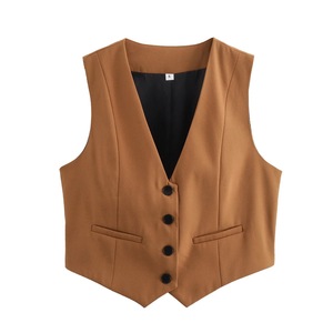 Chaleco sin mangas con cuello en V de color caramelo para mujer, top corto informal ajustado, chaleco de moda - Product Image 4