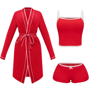 Navidad mujer ropa de dormir Santa bebé encaje forrado <span class=keywords><strong>bata</strong></span> camiseta sin mangas con Mini pantalones cortos 3 piezas Loungewear conjunto pijamas de mujer - Product Image 1