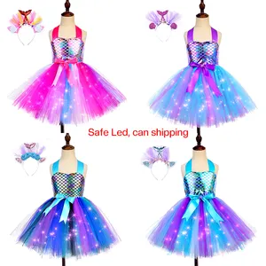 2023 Handmade Kids Custom Tutu Costume Princess Tulle Dress con arcobaleno LED Light Princess Mermaid Girls Party Dress all'ingrosso