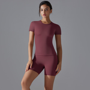 Ensemble de survêtement une pièce pour femme, taille haute, style crop top de yoga, manches courtes, écologique, respirant, en polyester/nylon, color block - Product Image 5