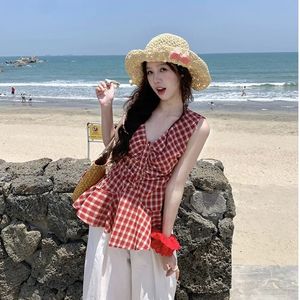 <b>Red</b> Plaid V-Neck <b>Vest</b> Women Summer Slim Fit Pleated Camisole <b>Top</b> Chic Outerwear Solid Color Twist Design - Product Image 1