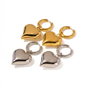 J&D 18K Gold Plated Waterproof Stainless Steel Chunky Hoop Huggie Heart Shape Pendant Earring Women