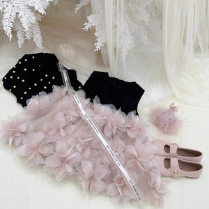 Tongxingyuan Flower Girl Dress Set Black Velvet Cape With Pearls And Pink Tulle Skirt High Neck Princess Style - Product Image 3