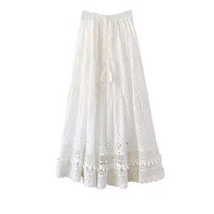 2023 New Arrival Summer Beach Wear Elegant Skirt 100% Cotton Cut Out All Over Embroidery Maxi Skirt Vintage Women Skirt