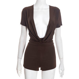 Combinaison décontractée pour femme Viviblook D25RP581, best-seller, couleur unie, coupe ajustée, sexy, col en V profond, manches courtes, combinaison moulante - Product Image 3