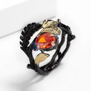 Elegante Sieraden Kyra01745 Vintage Charmant Zwart Goud Dendritische Rode Zirkonia Ring Voor Vrouwen