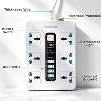 Kabel Ekstensi dengan 6 Stopkontak Listrik, Strip Daya Multi-Plug dengan 4 Port USB dan Perlindungan Beban Berlebih 2500W