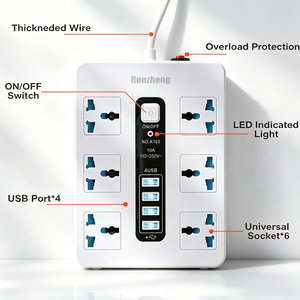 Cable de Extensión con 6 Tomas de Corriente, Regleta con 4 Puertos USB y Protección Contra Sobrecargas de 2500W - Product Image 2