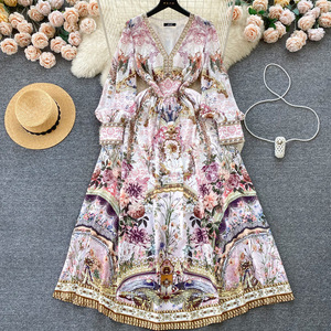 เดรสยาวทรงเข้ารูป แขนพอง คอวี ลายพิมพ์วินเทจ สไตล์ผู้หญิง แฟชั่น - Product Image 2