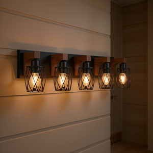 Applique Murale Industrielle Vintage 6 Lumières en Noyer et Fer, Cage Noire avec Accents en Bois, pour Salle de Bain, Couloir, Salon, Ampoule E26 Non Incluse - Product Image 2