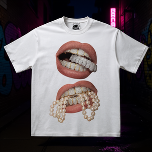 T-shirt Oversize Boxy con Grafica Double Pearls Grillz, Stile Streetwear Y2K, in Cotone Jersey per Bambini, Manica Corta, Girocollo, Stampa Frontale - Product Image 2