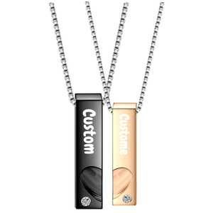 Custom <b>Couple</b> <b>Necklace</b> Black Gold Bar Pendant With Diamond Everyday Wear Geometric Design Laser Engraved Logo - Product Image 1